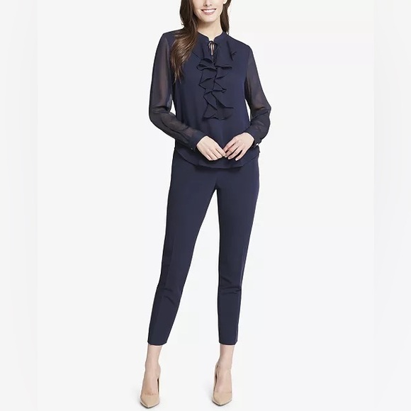 TOMMY HILFIGER Women's Classic Long Sleeve Ruffle Front Blouse Blouse - Midnight - Picture 3 of 11